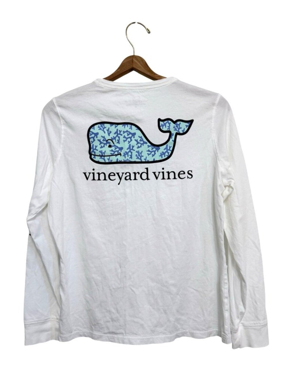 Vineyard Vines Women's Long Sleeve Pocket Tee Blue Whale Logo Size Medium White